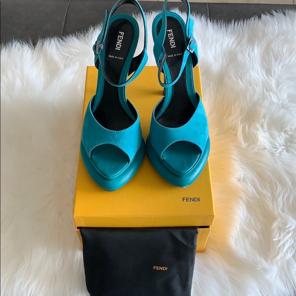 Fendi platform turquoise ankle wrap sandal